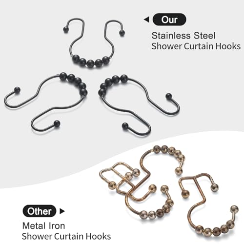 Goowin Shower Curtain Hooks 12 Pcs Stainless Steel Black Rust Proof Anti-Drop Double Rings