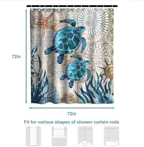 Nautical Green Sea Turtles Beach Theme Fabric Shower Curtain Blue Ocean Coastal 72x72 Teal