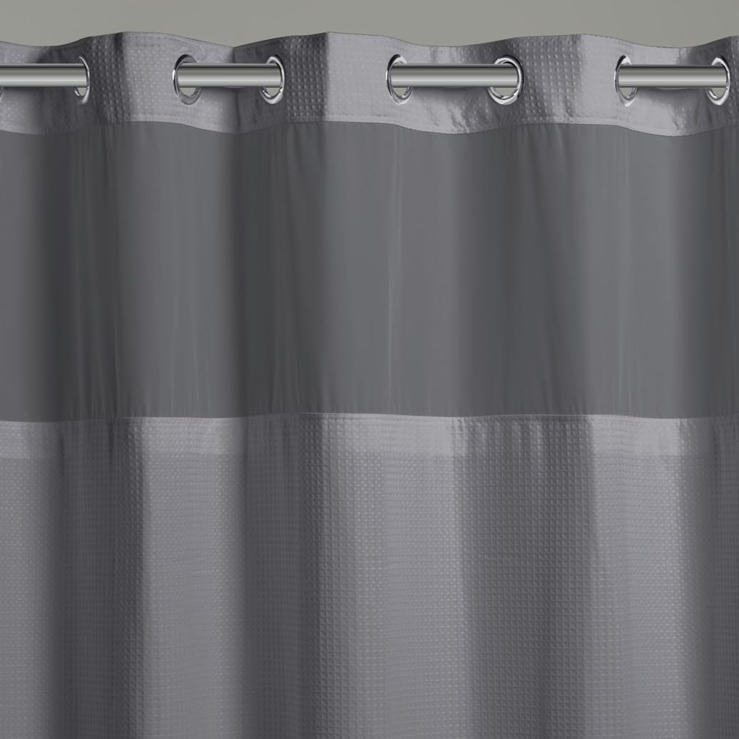 Hookless It’s A Snap! Waffle Shower Curtain, 3-in-1 Shower Curtain Includes Fabric Shower Curtain with Sheer Top Window, Flex-On Rings & Fabric Liner, 71” x 74”, Frost Grey