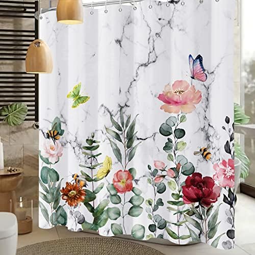 Floral Shower Curtain Marble Flower Watercolor Plant Fabric Machine Washable 72x72