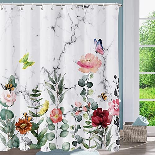 Floral Shower Curtain Marble Flower Watercolor Plant Fabric Machine Washable 72x72