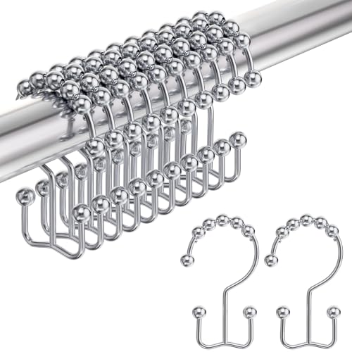 Amazer Shower Curtain Hooks Rings Double Stainless Steel for Curtain and Liner Set of 12 Chrome