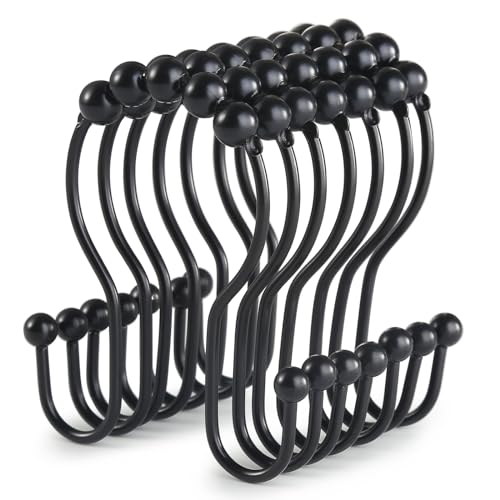 Goowin Shower Curtain Hooks 12 Pcs Stainless Steel Black Rust Proof Anti-Drop Double Rings