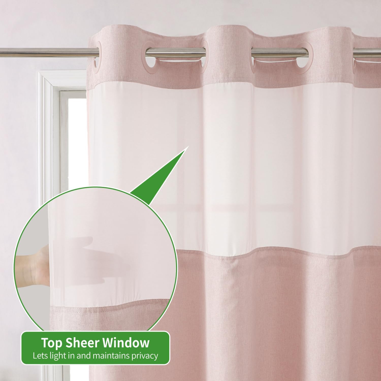 eachope No Hooks Needed Linen Textured Shower Curtain with Snap-in Fabric Liner Set,Blush Hotel Luxury Decor Shower Curtains for Bathroom with Mesh Top Window,Waterproof & Washable,71Wx74H