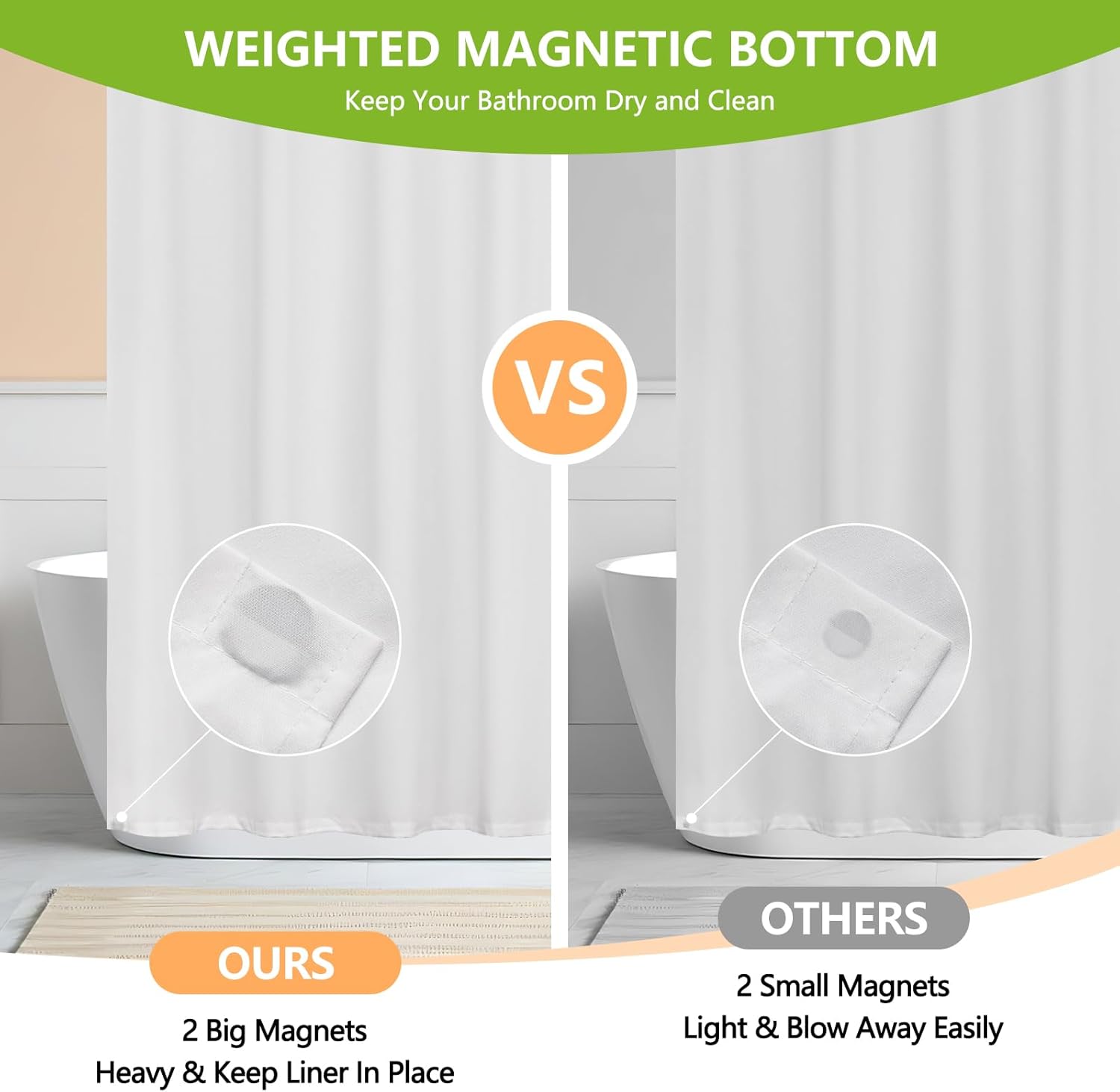 Seenus Waterproof Soft Microfiber Shower Curtain TPU Backed Lightweight, White Washable Fabric Shower Curtain Liner with 2 Large Magnets, 72 x 72 Inch Hotel Quality 2in1 Cloth Bathroom Shower Curtain