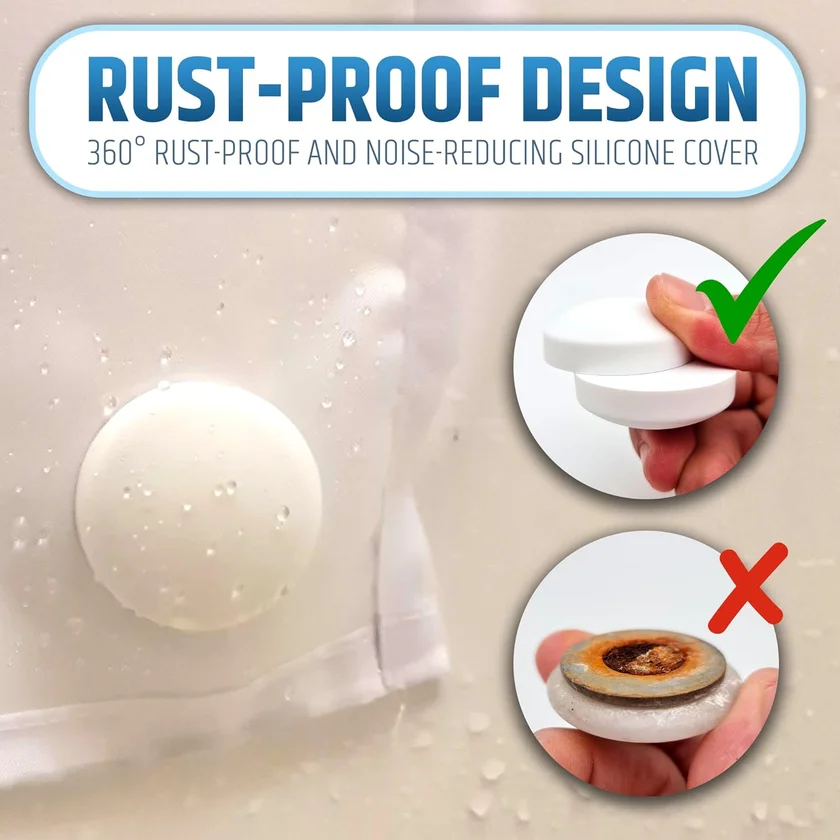 Powerful Anti-Billowing Magnetic Shower Curtain Weights for Splash-Free Bath Experience - 360° Silicone Wrapped - Will Never Rust - Heavy Magnets Prevent Curtain Liners from Blowing | 4 Pairs | White