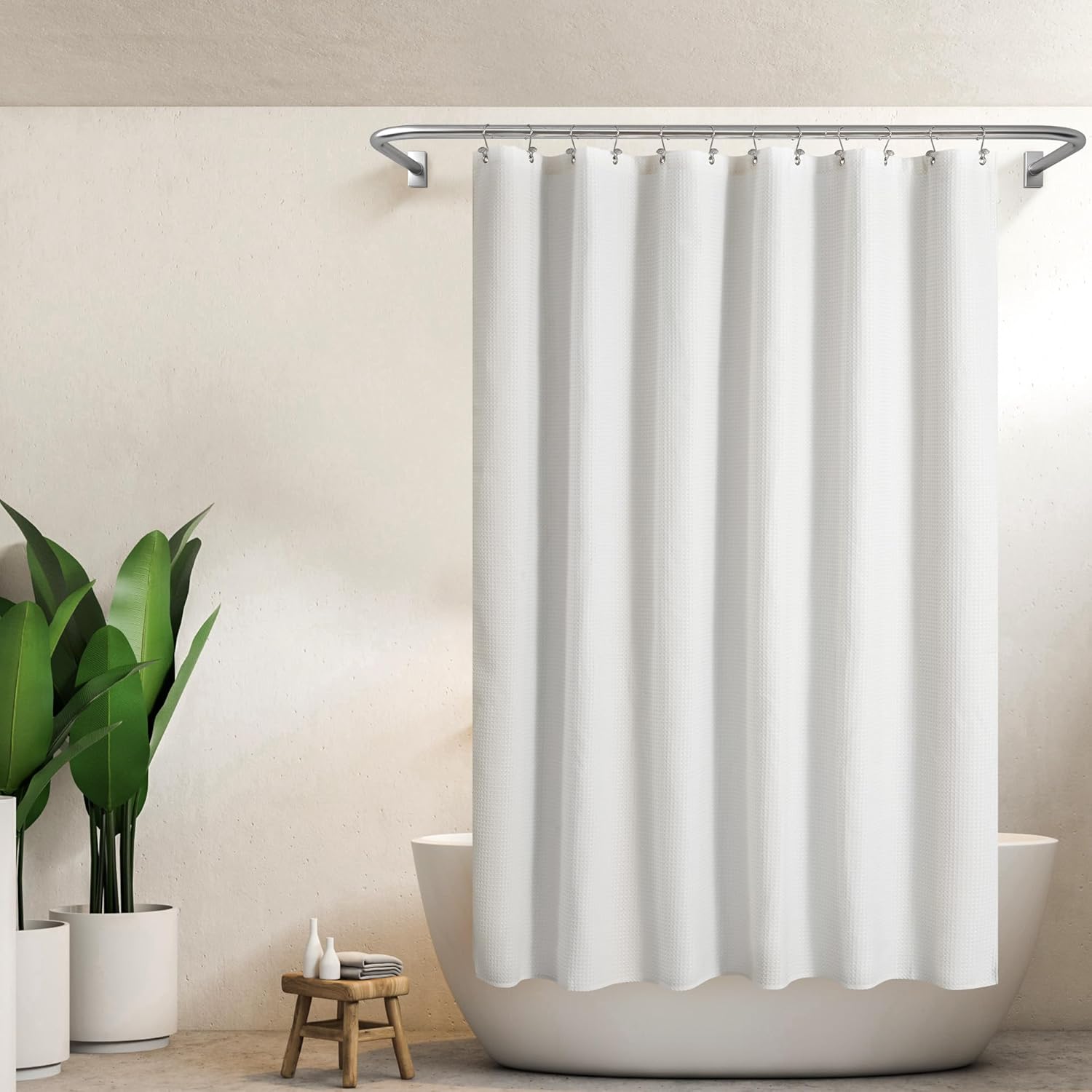 Barossa Design Waffle Weave White Shower Curtain Hotel Luxury Quality, Fabric Shower Curtains for Bathroom, Pique Pattern Cloth, Water Repellent and Machine Washable, Standard Size 71