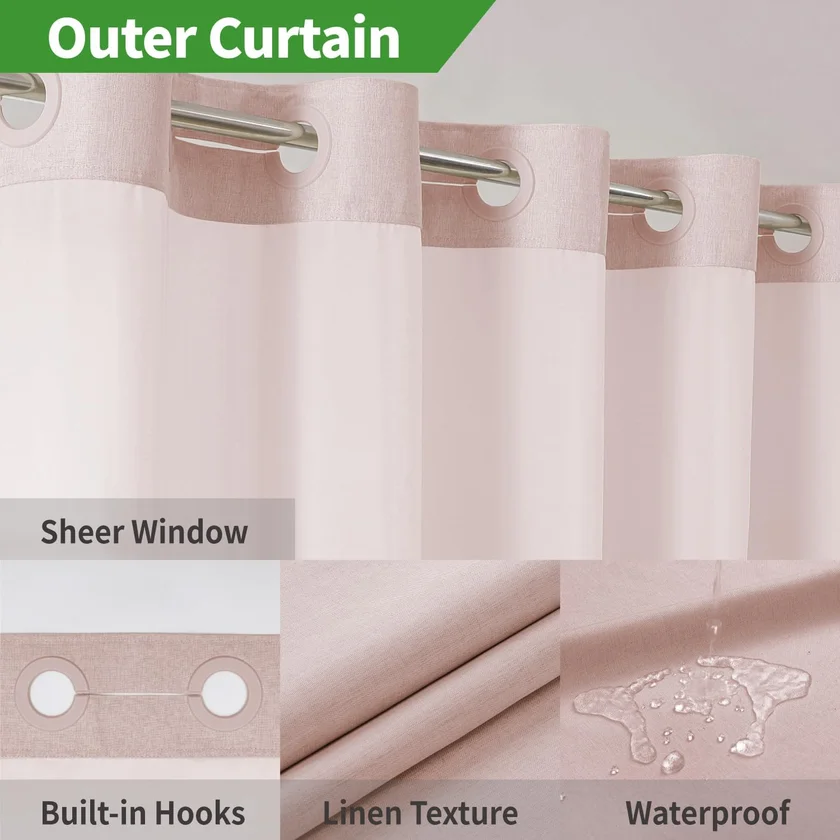 eachope No Hooks Needed Linen Textured Shower Curtain with Snap-in Fabric Liner Set,Blush Hotel Luxury Decor Shower Curtains for Bathroom with Mesh Top Window,Waterproof & Washable,71Wx74H
