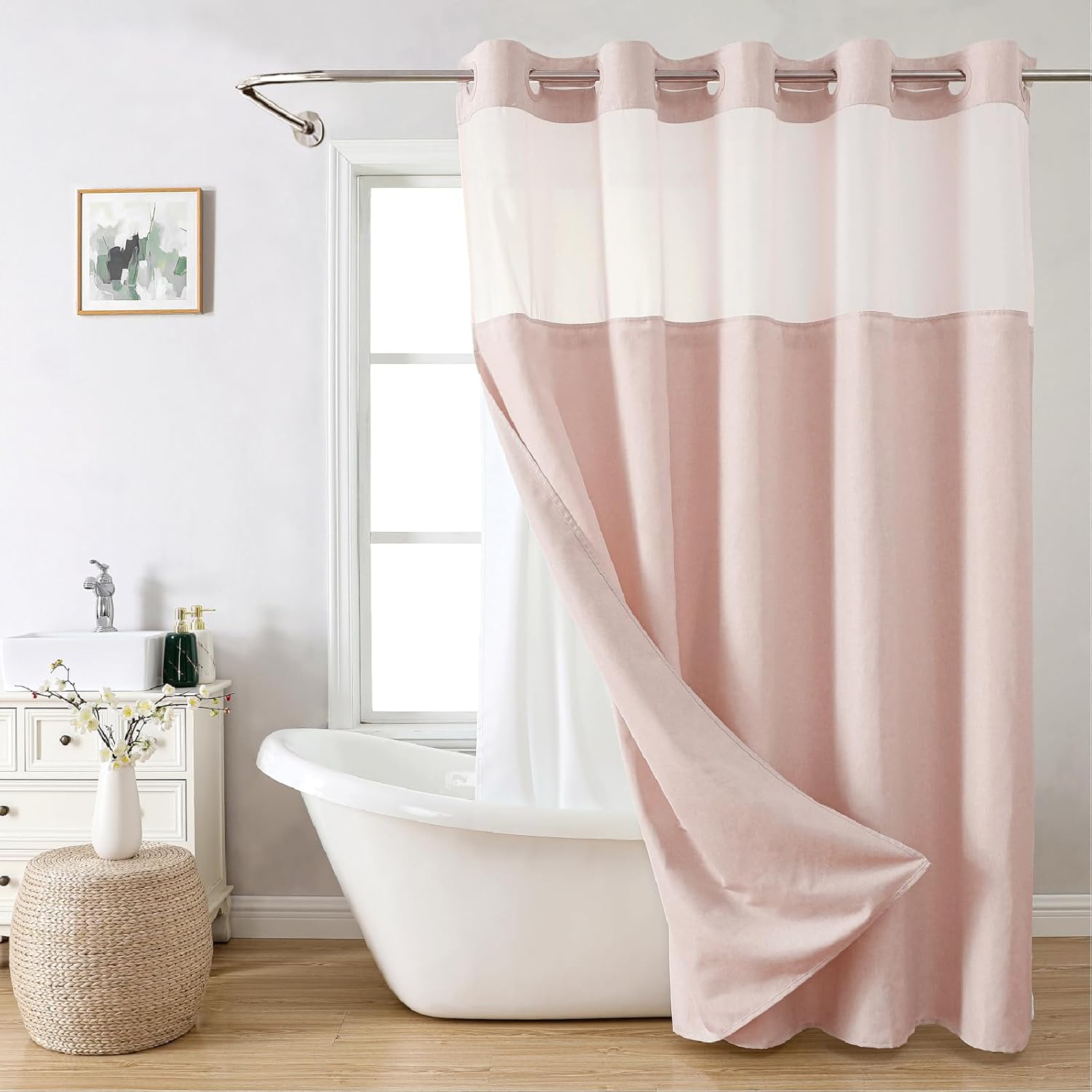 eachope No Hooks Needed Linen Textured Shower Curtain with Snap-in Fabric Liner 