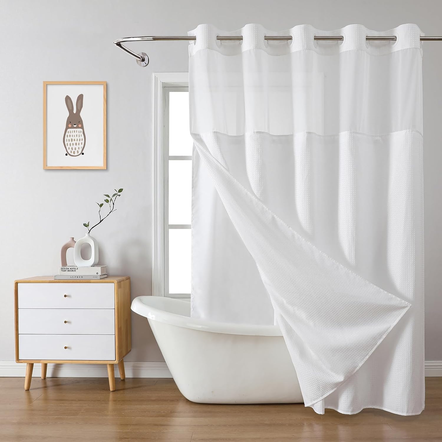 eachope white no hook waffle weave shower curtain with snap-in liner and mesh top window