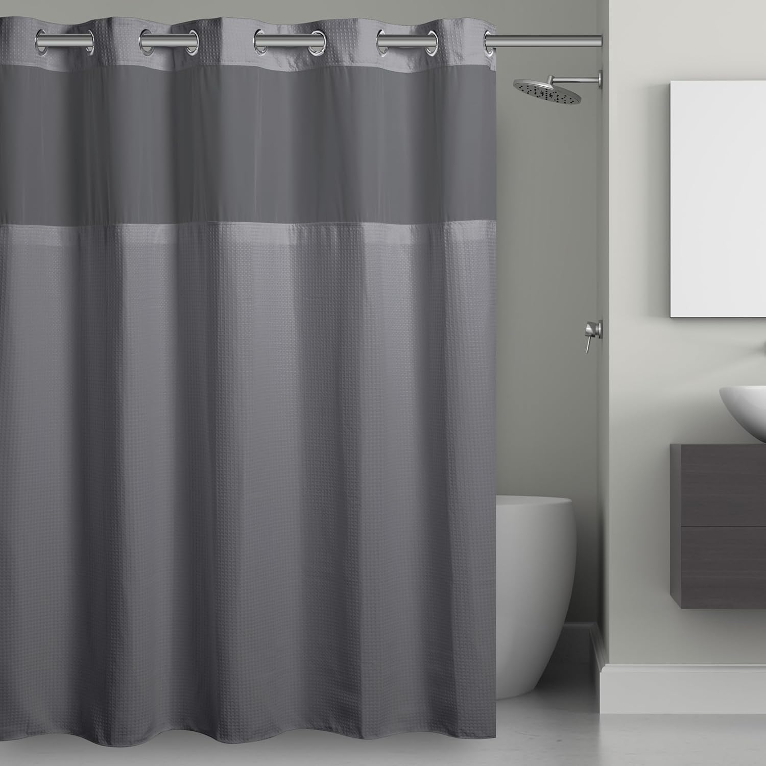 Hookless It’s A Snap! Waffle Shower Curtain, 3-in-1 Shower Curtain Includes Fabric Shower Curtain with Sheer Top Window, Flex-On Rings & Fabric Liner, 71” x 74”, Frost Grey