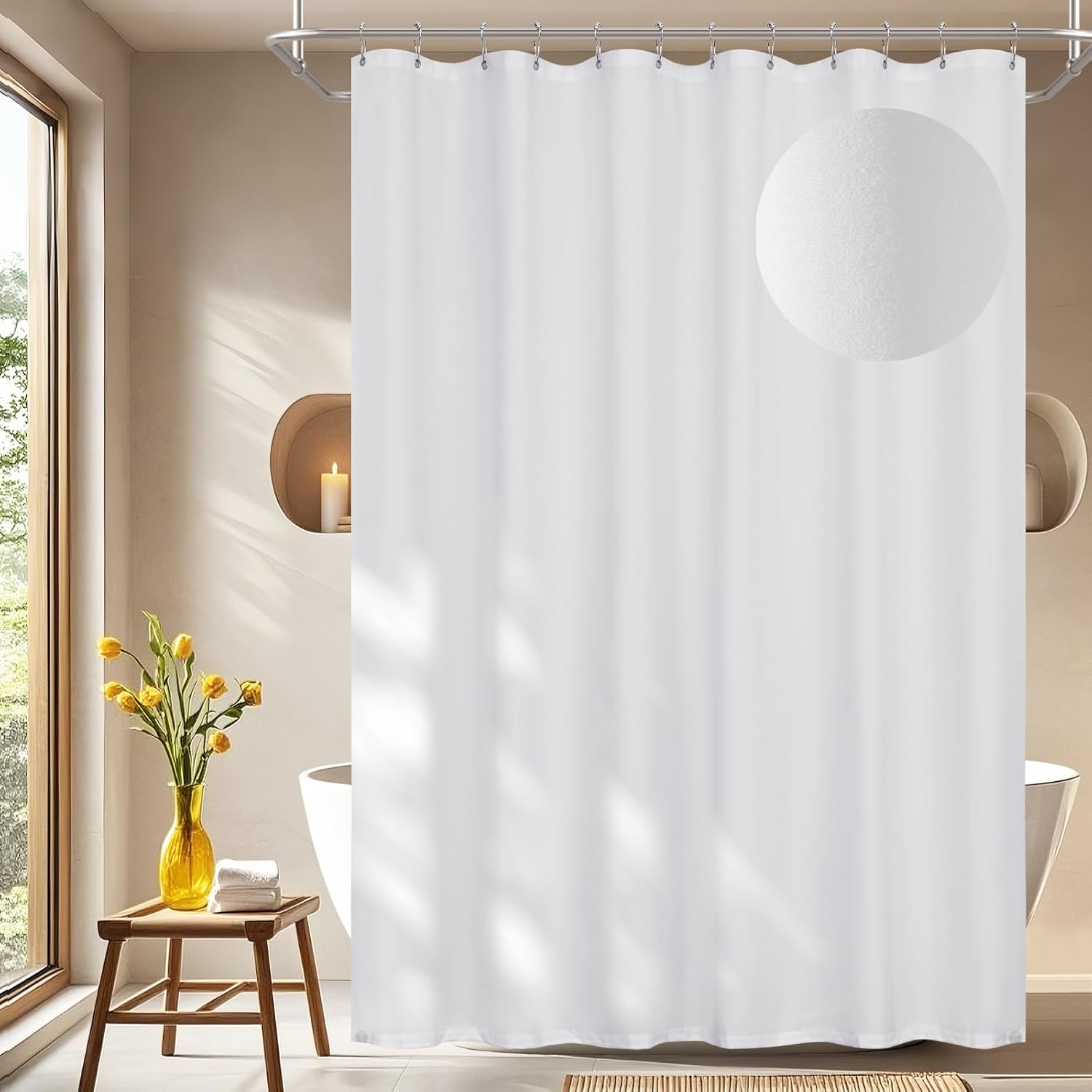 Seenus Waterproof Soft Microfiber Shower Curtain TPU Backed Lightweight, White Washable Fabric Shower Curtain Liner with 2 Large Magnets, 72 x 72 Inch Hotel Quality 2in1 Cloth Bathroom Shower Curtain