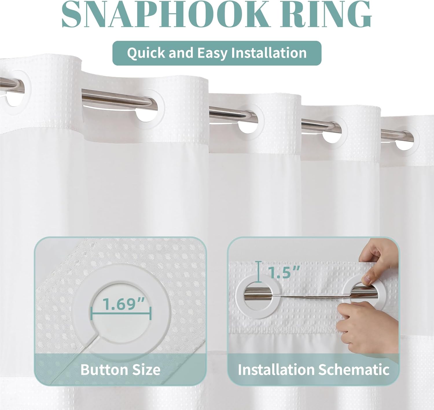 eachope White No Hook Waffle Weave Shower Curtain with snap-in Liner Replacement, 230GSM Waterproof Fabric Hotel Shower Curtain Set for Bathroom, Through Mesh Top Window,71Wx74H : Home & Kitchen