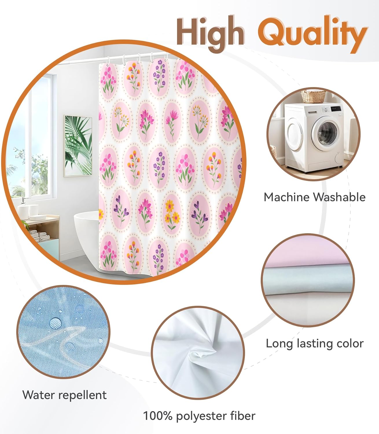 MAMUSE Shower Curtain for Bathroom - Cute Aesthetic Decorative Modern Girly Unique Girls Design Pretty Women Waterproof Fabric Cloth Cortinas de Baño Bathtub 72 x 72 Inch, Circle Flower