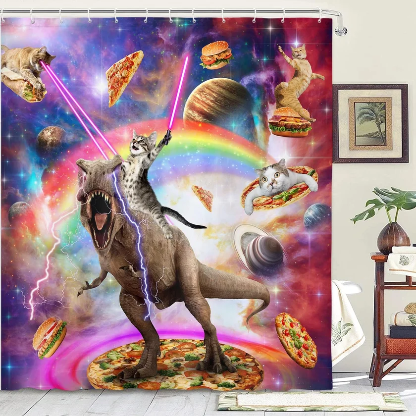 Funny Cat Riding Dinosaur Galaxy Space Shower Curtain