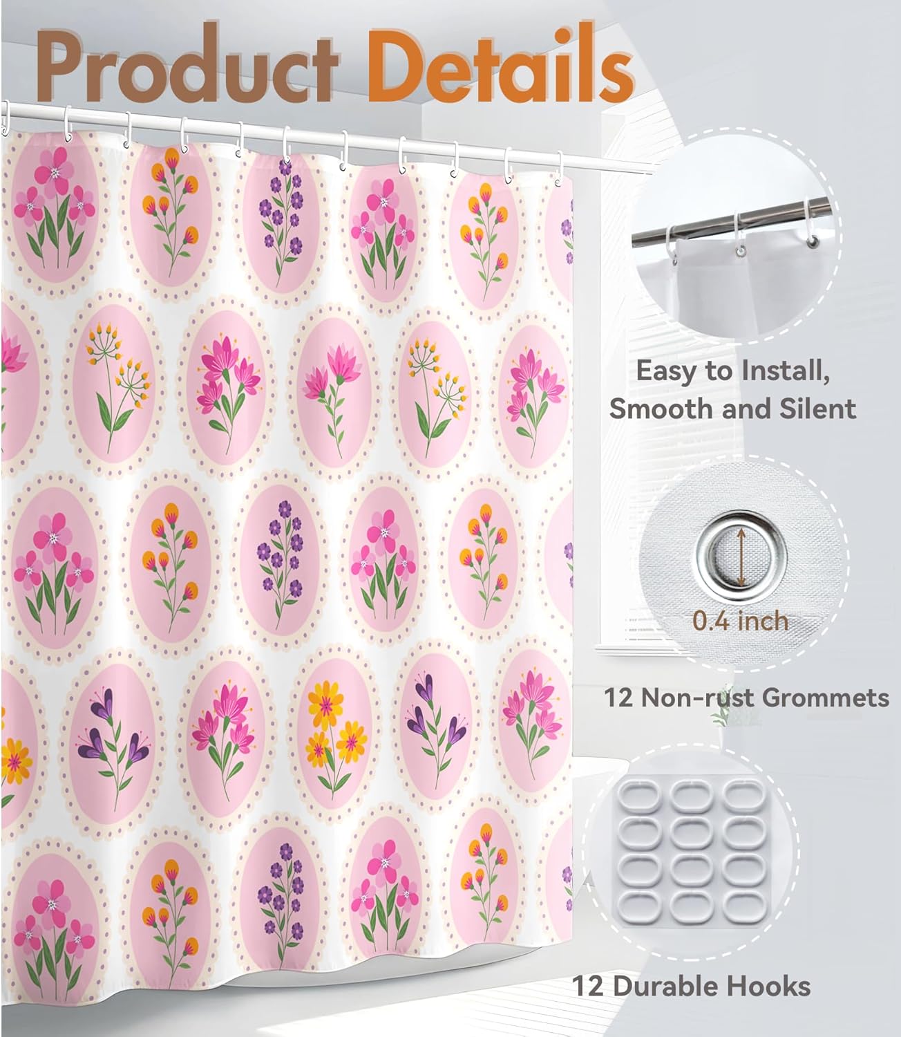 MAMUSE Shower Curtain for Bathroom - Cute Aesthetic Decorative Modern Girly Unique Girls Design Pretty Women Waterproof Fabric Cloth Cortinas de Baño Bathtub 72 x 72 Inch, Circle Flower