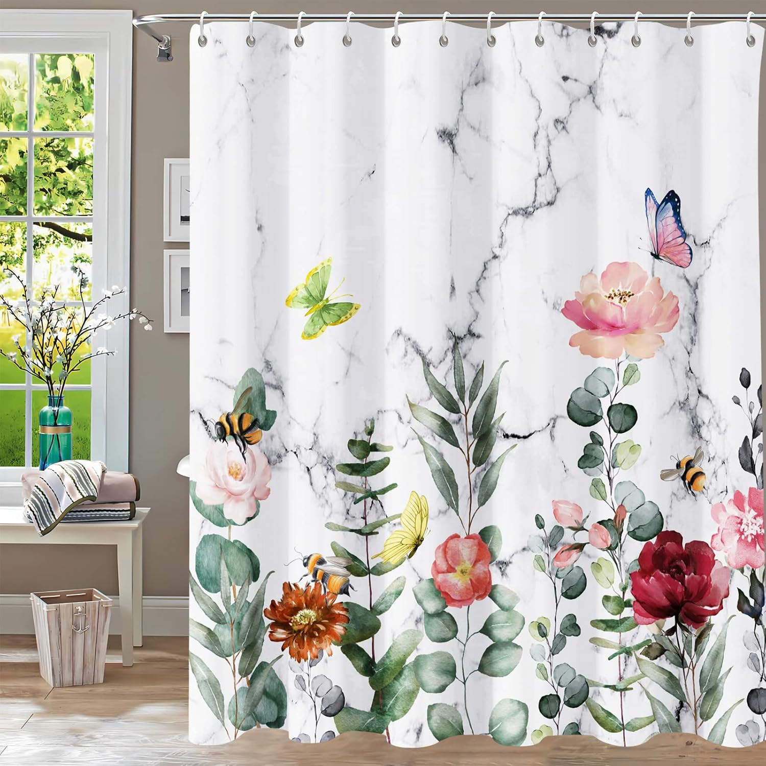 Floral Marble Watercolor Shower Curtain