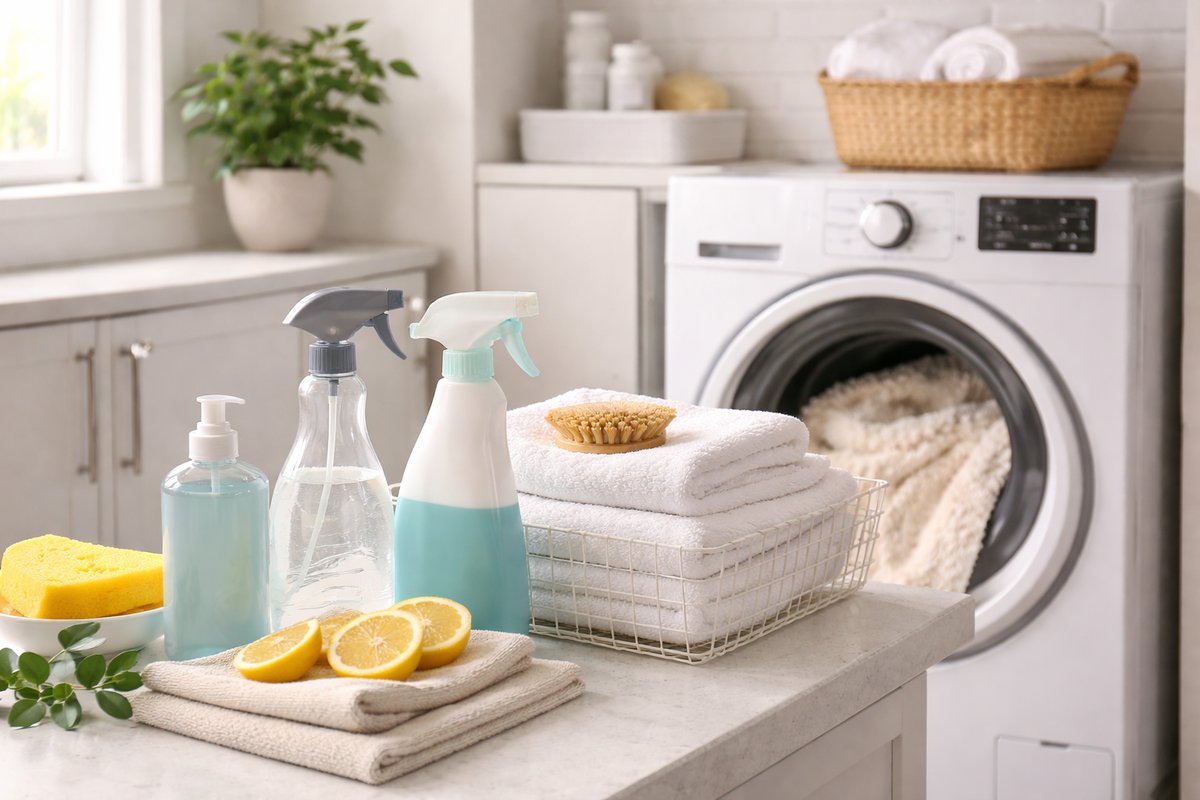 Clean modern bathroom with properly installed waterproof shower curtain liner keeping the floor completely dry