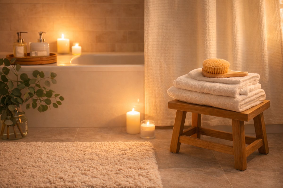 A spa-inspired bathroom featuring an elegant shower curtain that anchors the room's design