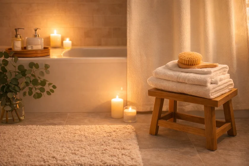 A spa-inspired bathroom featuring an elegant shower curtain that anchors the room's design