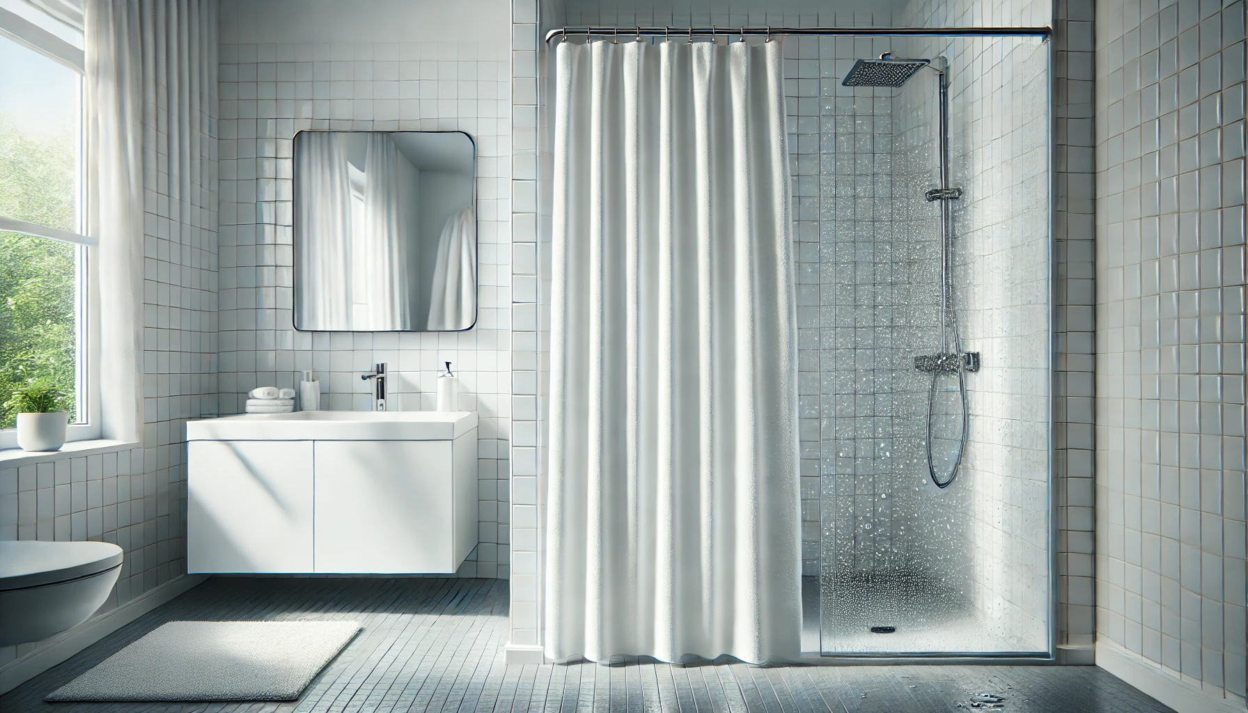 Modern spa-like bathroom with clean, mildew-free shower curtain in a bright, well-ventilated space