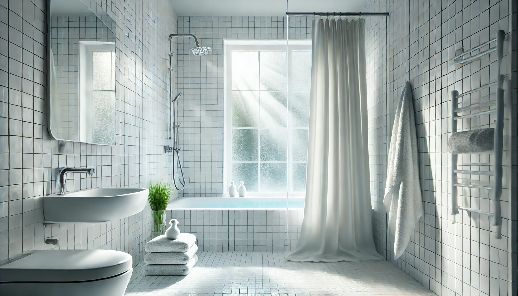 Pristine white bathroom with clean mold-free shower area and fresh shower curtain