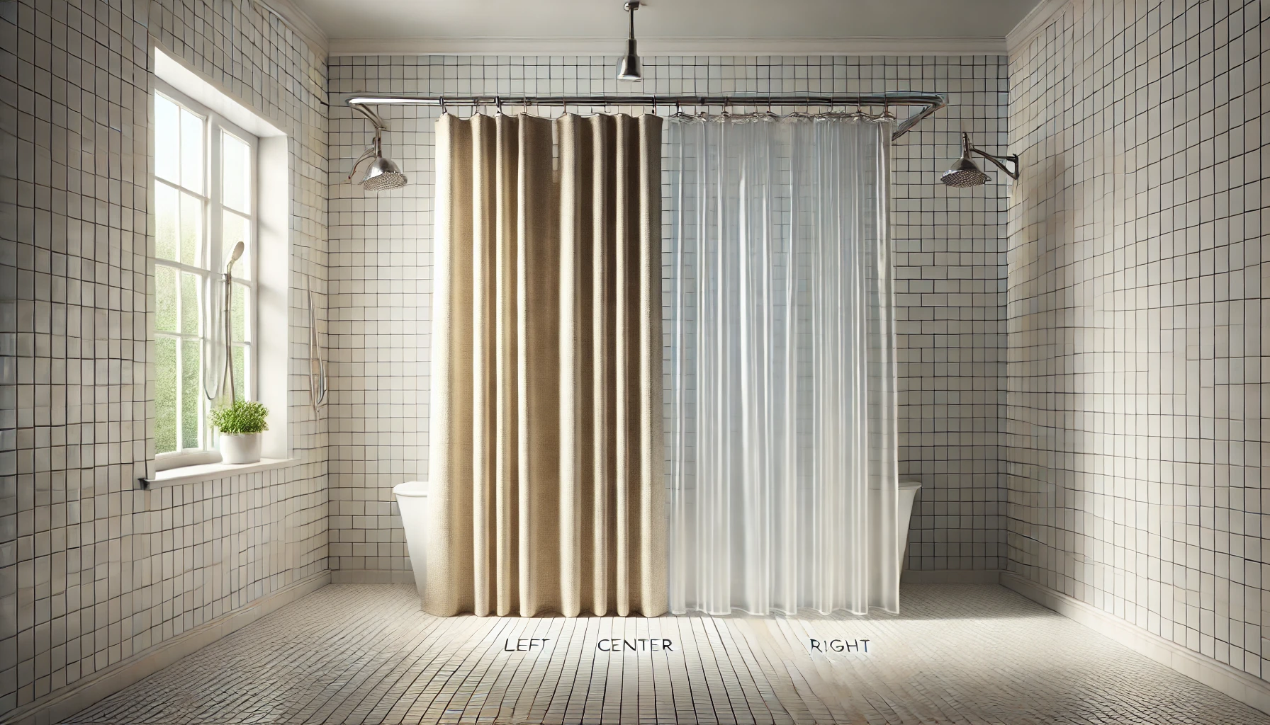 Modern bathroom with spa-like ambiance showcasing different shower curtain materials including fabric, vinyl, and PEVA options