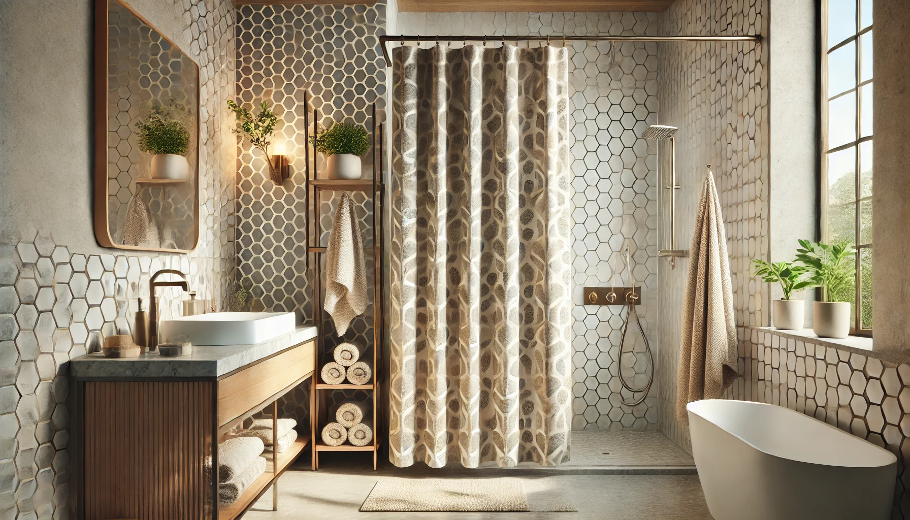 A beautifully decorated bathroom with a well-chosen shower curtain that transforms the space