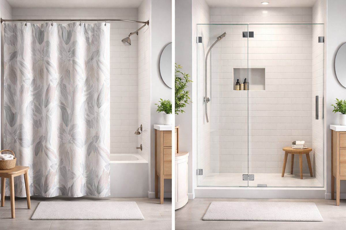 Modern bathroom showcasing both shower curtain and glass door design options for comparison