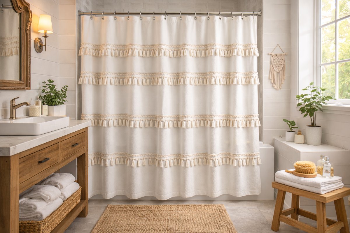 Beautifully styled bathroom featuring a modern shower curtain with natural light and clean design