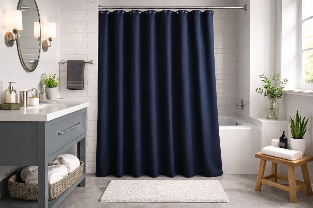 Contemporary modern bathroom with sleek shower curtain, floating vanity, and minimalist design